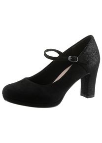 Tamaris Damen Spangenpumps, Gr. 39, schwarz, Textil, Veloursleder, elegant, Schuhe, mit Metallic-Applikation an der Ferse und Absatz
