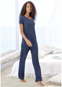 Lascana Damen Pyjama, Gr. 36, blau, Single Jersey, Obermaterial: 95% Viskose, 5% Elasthan, unifarben, feminin, Homewear-Sets, mit schönen