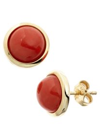 Jobo Damen Paar Ohrstecker, Gelbgold 585, gelb, Gelbgold 585, Ohrringe, rund 585 Gold mit Koralle