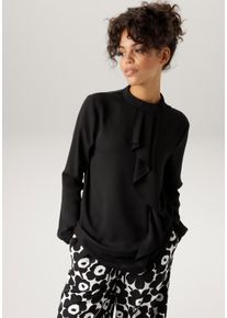 Aniston CASUAL Damen Langarmbluse, schwarz, modisch, Gr. 42, unifarben, Georgette, Web, Obermaterial: 100% Polyester, Blusen, mit kleinem Volant im