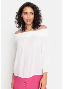 Lascana Damen Carmenbluse, weiß, modisch, Gr. 32, unifarben, Cru00eape, Obermaterial: 100% Viskose, Blusen, in leichter Crinkle-Optik, Damenbluse,