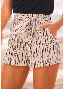 s.Oliver Damen Webshorts, beige, casual, Gr. 34, bedruckt, Web, Obermaterial: 100% Viskose, Hosen, mit Alloverdruck und Bindegürtel, kurze Hose,
