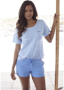 H.I.S. H.I.S Damen Shorty, Gr. 32, blau, Single Jersey, Obermaterial: 95% Baumwolle, 5% Elasthan, gestreift, bestickt, Homewear-Sets, mit Logostickerei auf