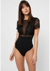Pieces Damen Stringbody "PCSICCA", schwarz, feminin, Gr. L, unifarben, Jersey, Spitze, Obermaterial: 85% Polyamid, 15% Elasthan, Bodies, mit Spitze