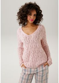 Aniston CASUAL Damen Strickpullover, rosa, modisch, Gr. 34, Ajourstrickmuster, unifarben, Strick, Obermaterial: 100% Baumwolle, Pullover, mit
