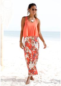 s.Oliver Damen Maxikleid, orange, modisch, Gr. 44, Jersey, Obermaterial: 100% Viskose, Kleider, im Lagen-Look mit Blumenprint, Sommerkleid,