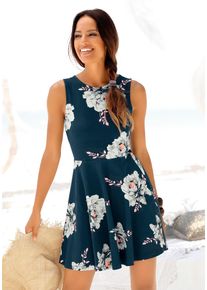Beach Time BEACHTIME Damen Strandkleid, blau, feminin, Gr. 44, bedruckt, Jersey, Obermaterial: 95% Baumwolle, 5% Elasthan, Kleider, mit Blumenprint, Minikleid,