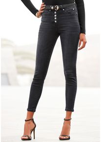 Buffalo Damen High-waist-Jeans, schwarz, modisch, Gr. 42, Denim/Jeans, Obermaterial: 98% Baumwolle, 2% Elasthan, Jeans, mit modischer Knopfleiste,