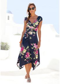 Beach Time BEACHTIME Damen Sommerkleid, blau, feminin, Gr. 38, bedruckt, Jersey, Obermaterial: 95% Viskose, 5% Elasthan, Kleider, mit Zipfelsaum und Schleife in