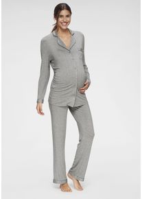 Lascana Damen Umstandspyjama, Gr. 32, grau, Single Jersey, Obermaterial: 95% Viskose, 5% Elasthan, meliert, klassisch, Homewear-Sets, mit Knopfleiste