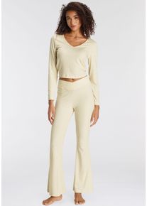 Lascana Damen Pyjama, Gr. 32, beige, Single Jersey, Obermaterial: 63% Polyester, 33% Viskose, 4% Elasthan, Homewear-Sets, aus schönem Ripp-Material