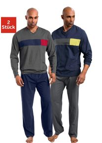Le Jogger Herren Pyjama, Gr. 44, blau, Single Jersey, Obermaterial: 100% Baumwolle, Basic, Homewear-Sets, mit Colourblock-Einsätzen