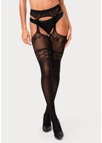 Damen Ouvert-Strumpfhose, Petite Fleur Gold, schwarz, Obermaterial: 92% Polyamid, 8% Elasthan, Netz, Strumpfhosen, mit eingearbeitetetem Strapsgürtel
