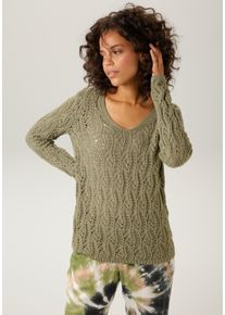 Aniston CASUAL Damen Strickpullover, grün, modisch, Gr. 36, Ajourstrickmuster, unifarben, Strick, Obermaterial: 100% Baumwolle, Pullover, mit