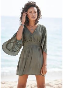 Lascana Damen Tunikakleid, grün, modisch, Gr. 42, unifarben, Web, Obermaterial: 100% Viskose, Kleider, mit weiten Ärmeln, aus Spitze, Blusenkleid,