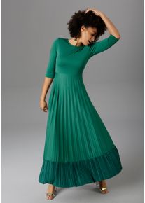 Aniston CASUAL Damen Maxikleid, grün, Gr. 48, unifarben, leicht glänzend, Web, Obermaterial: 100% Polyester, Kleider, Rockteil mit Volant aus Plissee