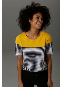 Aniston CASUAL Damen T-Shirt, gelb, modisch, Gr. 48, geringelt, gestreift, Single Jersey, Obermaterial: 100% Baumwolle, Shirts, im Marine-Look