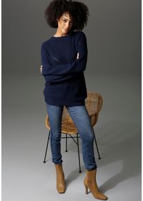 Aniston CASUAL Damen Rundhalspullover, blau, modisch, Gr. 48, unifarben, Grobstrick, Obermaterial: 100% Baumwolle, Pullover, im Mustermix
