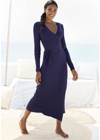 Lascana Damen Strickkleid, Gr. 36, blau, Obermaterial: 80% Viskose, 20% Nylon, unifarben, modisch, Kleider, Loungekleid zum wickeln mit