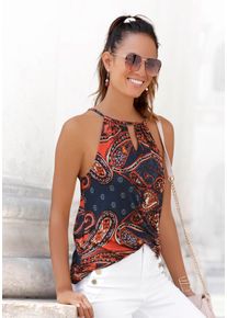 Lascana Damen Strandtop, blau, casual, Gr. 32, bedruckt, Jersey, Obermaterial: 100% Viskose, Tops, mit Paisleyprint und Schlitz am Ausschnitt,
