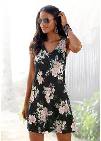 Lascana Damen Strandkleid, schwarz, casual, Gr. 44, Jersey, Obermaterial: 100% Viskose, Kleider, mit Blumendruck, Minikleid, Sommerkleid