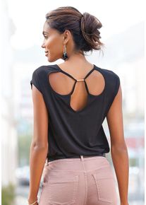 Lascana Damen Rundhalsshirt, schwarz, casual, Gr. 36, unifarben, Jersey, Obermaterial: 100% Viskose, Shirts, mit Cut-outs am Rücken, Kurzarmshirt,