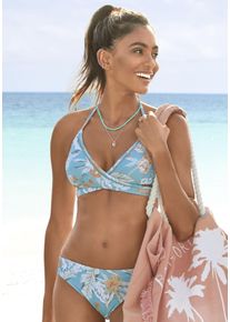 Sunseeker Damen Triangel-Bikini-Top "Suva", blau, Gr. 34, floral, Polyamid, Microfaser, Bikini-Oberteile, mit Mesh-Einsatz und Wickeloptik