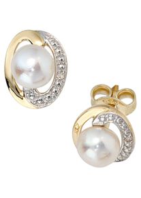 Jobo Damen Perlenohrringe, P1 = bei 10-facher Vergrößerung erkennbare Einschlüsse, Gelbgold 585-Diamanten-Perlen, gelb, Gelbgold 585, Diamanten,