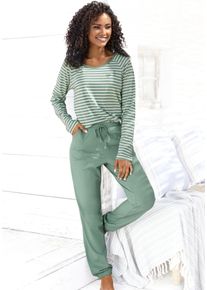 Vivance Dreams Damen Pyjama, Gr. 32, grün, Single Jersey, Obermaterial: 100% Baumwolle, gestreift, bestickt, Basic, Homewear-Sets, mit garngefärbten