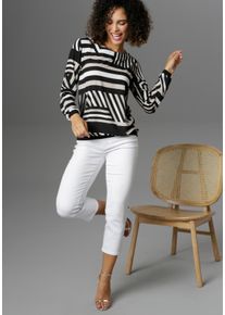 Damen Shirtbluse, schwarz-weiß, modisch, Gr. 34, Aniston SELECTED, gemustert, Cru00eape, Obermaterial: 97% Polyester, 3% Elasthan, Blusen, mit