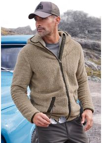 John Devin Herren Kapuzenstrickjacke, beige, casual, Gr. L, unifarben, Fleece, Obermaterial: 100% Polyester, Strickjacken, in weichem Teddyfleece