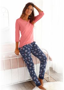 H.I.S. H.I.S Damen Pyjama, Gr. 36, bunt, Feinstrick, Obermaterial: 100% Baumwolle, unifarben, bedruckt, casual, Homewear-Sets, mit 3/4-Arm und Knopfleiste