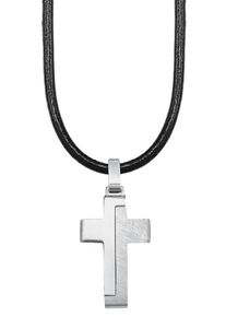s.Oliver JUNIOR Jungen Kette mit Anhänger "Halskette Kreuz, 2024225", Edelstahl-Leder, L: 43cm, schwarz, Edelstahl, Leder, Halsketten