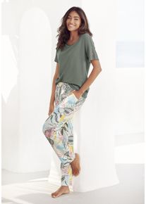 Vivance Dreams Damen Pyjama, Gr. 32, grün, Single Jersey, Obermaterial: 50% Baumwolle, 50% Viskose, gemustert, casual, Homewear-Sets, mit floralem