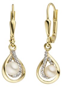 Jobo Damen Perlenohrringe, Gelbgold 375-Perlen, gelb, Gelbgold 375, Perlen, Ohrringe, 375 Gold mit 2 Süßwasser-Zuchtperlen und 24 Zirkonia