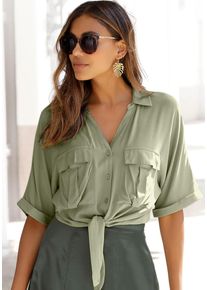 Lascana Damen Kurzarmbluse, grün, modisch, Gr. 34, unifarben, Web, Obermaterial: 100% Viskose, Blusen, mit Knotendetail und Knopfleiste, Hemdkragen,