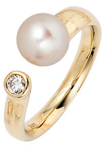 Jobo Damen Perlenring, 50, SI = kleine Einschlüsse, Gelbgold 585-Diamanten-Perlen, gelb, Gelbgold 585, Diamanten, Perlen, Fingerringe, 585 Gold mit