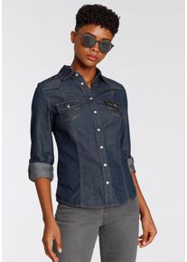 Arizona Damen Jeansbluse "mit Druckknöpfen in Perlmuttoptik", blau, Basic, Gr. 52, unifarben, Jeans, Obermaterial: 100% Baumwolle, Blusen, und