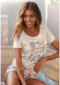 Lascana Damen Shorty, Gr. 32, beige, Single Jersey, Obermaterial: 100% Baumwolle, bedruckt, Basic, Homewear-Sets, mit Statement Print
