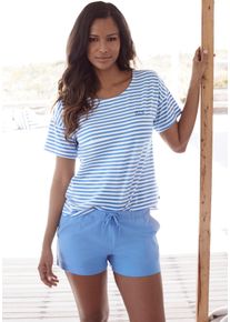 H.I.S. H.I.S Damen Shorty, Gr. 32, blau, Single Jersey, Obermaterial: 95% Baumwolle, 5% Elasthan, gestreift, bestickt, Homewear-Sets, mit Logostickerei auf
