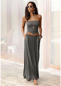 Lascana Damen Maxikleid, grün, Gr. 38, unifarben, Jersey, Obermaterial: 95% Viskose, 5% Elasthan, Kleider, mit schmalem Oberteil und Taschen,