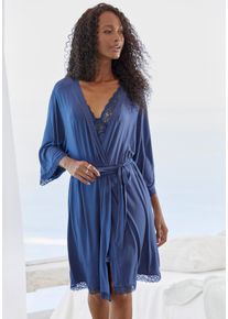 Lascana Damen Kimono, Gr. 32, blau, Single-Jersey, unifarben, Hausmäntel, mit schönen Spitzeneinsätzen