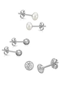 Firetti Ohrstecker-Set "Multipack Schmuck Geschenk Perlohrstecker Kugelohrstecker Glitzerstein", Silber 925 (Sterlingsilber)-Perlen, weiß, Silber 925
