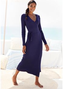 Lascana Damen Strickkleid, Gr. 44, blau, Obermaterial: 80% Viskose, 20% Nylon, unifarben, modisch, Kleider, Loungekleid zum wickeln mit