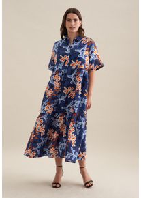 Seidensticker Damen Sommerkleid "Schwarze Rose", blau, Gr. 52, bedruckt, 100% Leinen, Kleider, Kurzarm Kragen Druck
