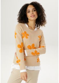 Damen Rundhalspullover, orange, elegant, Gr. 40, Aniston SELECTED, geblümt, leicht glänzend, Feinstrick, Obermaterial: 90% Baumwolle, 10%