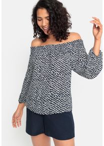 Lascana Damen Carmenbluse, blau, modisch, Gr. 40, bedruckt, Cru00eape, Obermaterial: 100% Viskose, Blusen, in leichter Crinkle-Optik, Damenbluse,