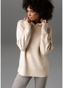 Aniston CASUAL Damen Troyer, beige, modisch, Gr. 44, unifarben, Feinstrick, Obermaterial: 74% Polyacryl, 23% Nylon, 3% Elasthan, Pullover, mit