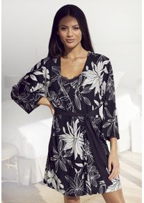Lascana Damen Kimono, Gr. 36, schwarz, Single-Jersey, gemustert, Hausmäntel, mit floralem Druck