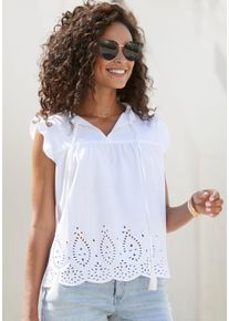 Vivance Damen Kurzarmbluse, weiß, modisch, Gr. 38, unifarben, Web, Obermaterial: 100% Viskose, Blusen, mit Broderie Anglaise und V-Ausschnitt,